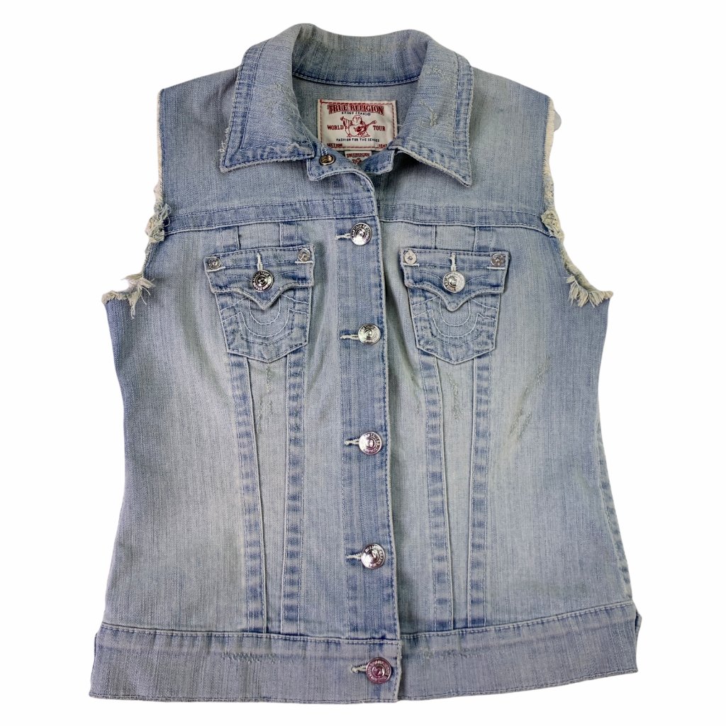 True Religion Trucker Vest Light Wash Denim Flap Pocket Logo Collared Small Y2k